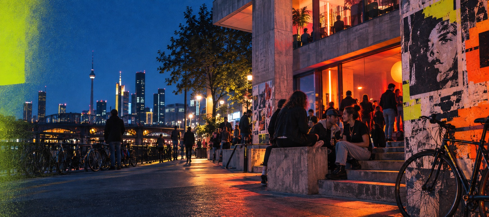 Young people meeting outside a modern city venue at night
